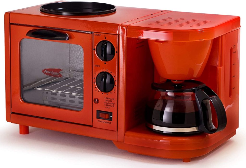 Americana EBK-200R Retro Nostalgia 3-in-1 Breakfast Maker Station 4 Cup Coffeemaker, Toaster Oven with Timer, Red