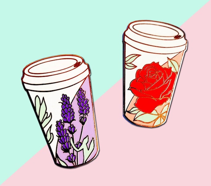 floral coffee cups enamel pins