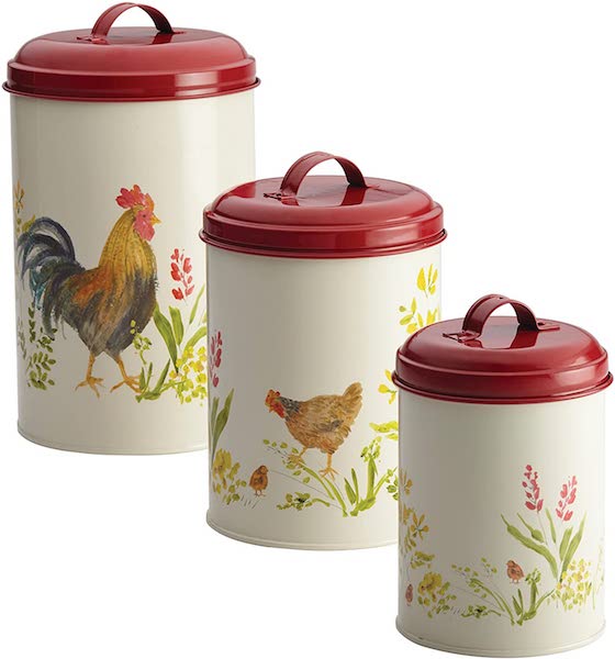 VINTAGE STYLE COCKEREL AND HEN ROUND COFFEE TIN ENAMEL STORAGE CANISTER 