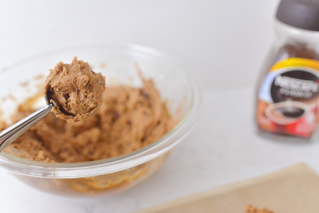 coffee chocolatae chip cookies scooping out dough